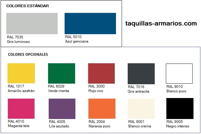 Acabados estándar y opcionales para las taquillas metálicas.