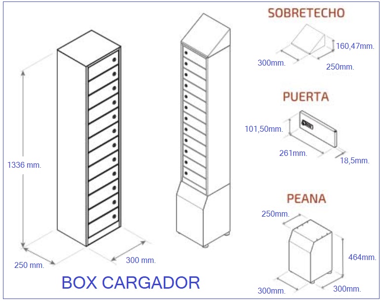 Taquillas consignas para cargar móviles. Acero de 0,8 mm. de espasor para una estructura soldada.