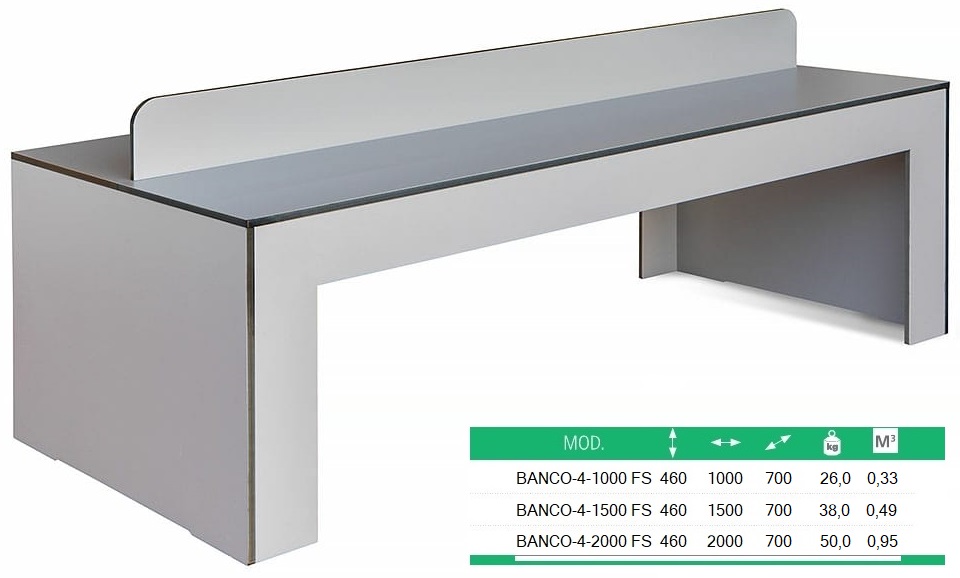 Banco doble fabricado enteramente de fenólico. Bancos muy funcionales y robustos para un uso continuado y exigente.