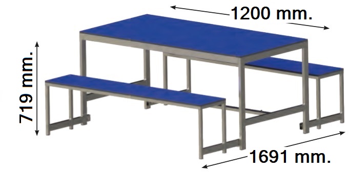 Mesas de melamina con bancos plegables. Estructura de acero. Funcionales y sólidas, permiten una rápida limpieza y la circulación alrededor..