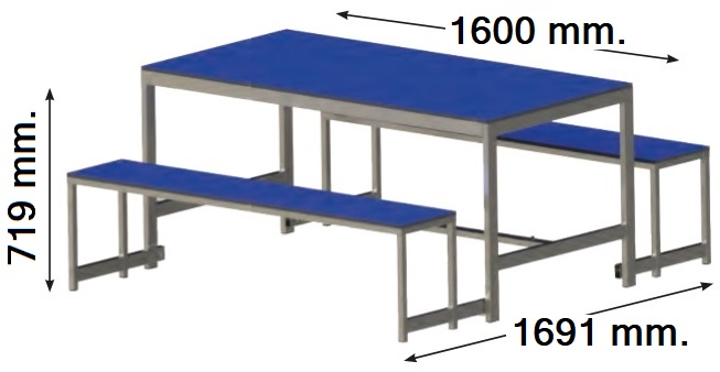Mesas con bancos plegables para comedor y colectividades. Sólida y funcional, permite la circulación alrededor y su limpieza.