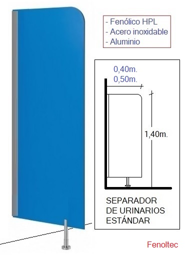 Separadores de urinarios en fenólico, de 1,40 x 0,40 m. con perfil a pared y pata al suelo.