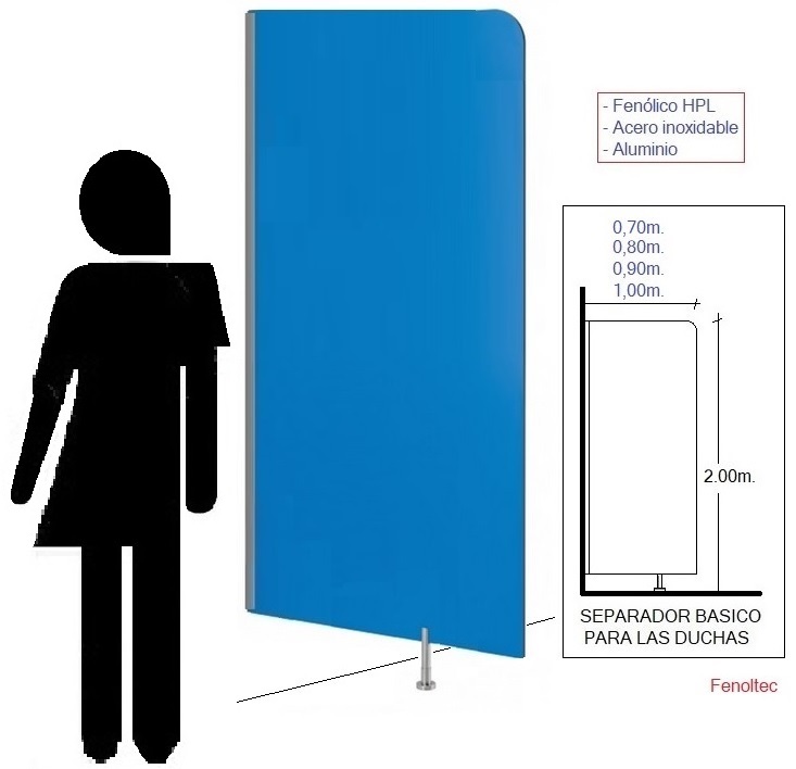 Separador de duchas o de zonas, en fenólico y con herrajes de Aluminio y acero inoxidable.